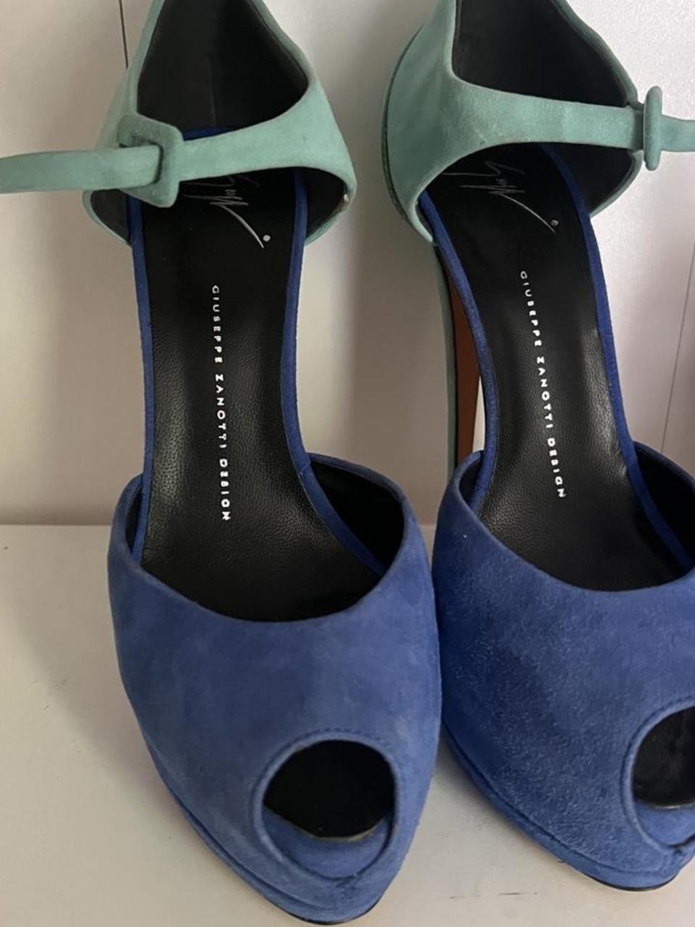 Giuseppe Zanotti Blue Suede Peep-Toe Heels with Mint Ankle Strap